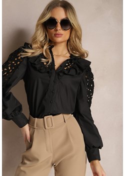 Czarna Koszula na Guziki z Ażurowymi Wstawkami i Falbanką Nalthea ze sklepu Renee odzież w kategorii Koszule damskie - zdjęcie 170777018