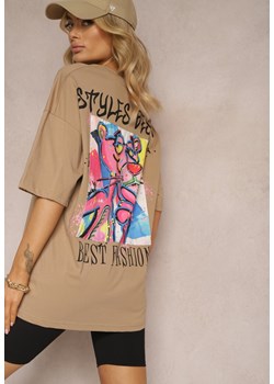 Beżowy Bawełniany T-shirt o Fasonie Oversize z Nadrukiem na Przodzie Lisitha ze sklepu Renee odzież w kategorii Bluzki damskie - zdjęcie 170777098