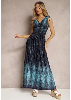 Niebiesko-Granatowa Taliowana Sukienka Maxi z Wzorem Boho i Sznurkami Przy Ramionach z Wiskozy Exna ze sklepu Renee odzież w kategorii Sukienki - zdjęcie 170788338