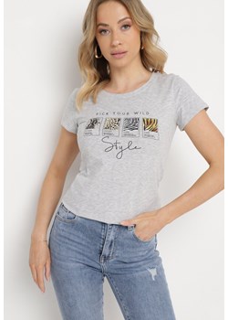 Jasnoszary Bawełniany T-shirt z Ozdobnym Nadrukiem Arofisa ze sklepu Born2be Odzież w kategorii Bluzki damskie - zdjęcie 170789995