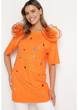 Pomarańczowa Bluzka z Bawełny Ozdobiona Cyrkoniami i Kryształkami Leonea ze sklepu Born2be Odzież w kategorii Bluzki damskie - zdjęcie 170790128