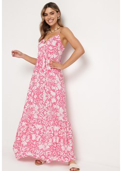 Fuksjowa Sukienka Maxi z Bawełny na Cienkich Ramiączkach z Falbanką i Kwiatowym Printem Miora ze sklepu Born2be Odzież w kategorii Sukienki - zdjęcie 170790559