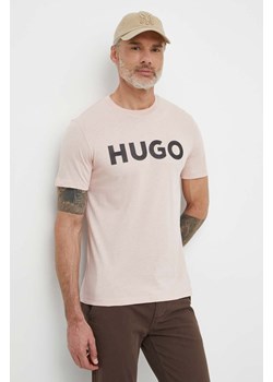 HUGO t-shirt bawełniany męski kolor różowy z nadrukiem ze sklepu ANSWEAR.com w kategorii T-shirty męskie - zdjęcie 170794486