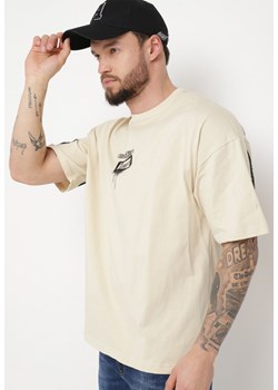 Beżowa Koszulka z Bawełny Ozdobiona Nadrukiem Datesa ze sklepu Born2be Odzież w kategorii T-shirty męskie - zdjęcie 170819718