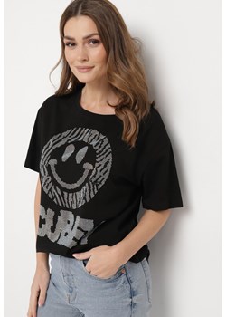 Czarny T-shirt Bawełniany z Ozdobnym Nadrukiem na Przodzie Sagraine ze sklepu Born2be Odzież w kategorii Bluzki damskie - zdjęcie 170825609