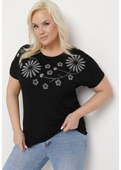 Czarny Bawełniany T-shirt Nietoperz Ozdobiony Cyrkoniami Rinada ze sklepu Born2be Odzież w kategorii Bluzki damskie - zdjęcie 170825686