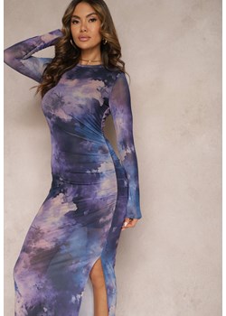 Niebiesko-Fioletowa Siateczkowa Sukienka Bodycon w Marmurkowy Wzór z Rozcięciem na Dole Valerimes ze sklepu Renee odzież w kategorii Sukienki - zdjęcie 170826157