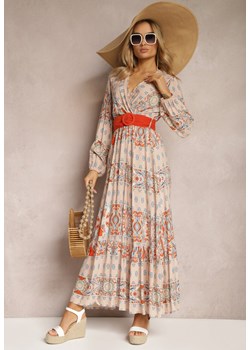 Jasnobeżowa Sukienka Rozkloszowana z Paskiem Shara ze sklepu Renee odzież w kategorii Sukienki - zdjęcie 170833716