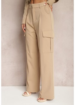 Beżowe Szerokie Spodnie High Waist w Eleganckim Stylu z Kieszeniami Cargo Dekanna ze sklepu Renee odzież w kategorii Spodnie damskie - zdjęcie 170833745