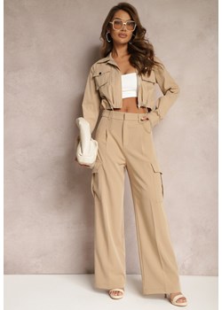 Beżowe Szerokie Spodnie High Waist w Eleganckim Stylu z Kieszeniami Cargo Dekanna ze sklepu Renee odzież w kategorii Spodnie damskie - zdjęcie 170833747