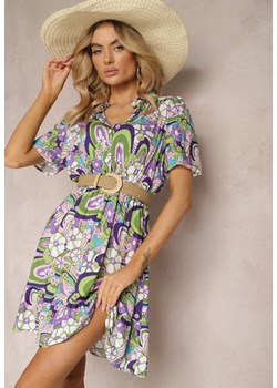 Fioletowa Bawełniana Sukienka Koszulowa w Malowniczy Kwiecisty Print Ankeldia ze sklepu Renee odzież w kategorii Sukienki - zdjęcie 170833757