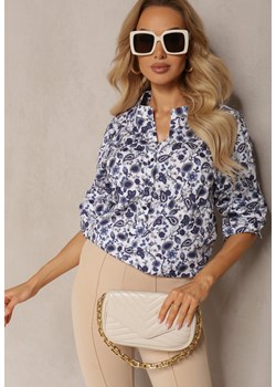 Biało-Granatowa Bluzka w Print z Bawełny Derfxa ze sklepu Renee odzież w kategorii Bluzki damskie - zdjęcie 170834087