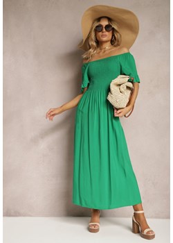 Zielona Sukienka z Bawełny o Hiszpańskim Dekolcie z Marszczeniami i Bufiastymi Rękawami Laiana ze sklepu Renee odzież w kategorii Sukienki - zdjęcie 170834157