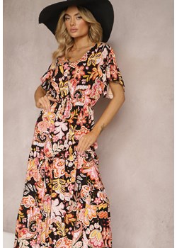 Czarno-Różowa Bawełniana Sukienka Letnia Ozdobiona Kolorowym Wzorem Boho z Gumką w Pasie Pythia ze sklepu Renee odzież w kategorii Sukienki - zdjęcie 170834197