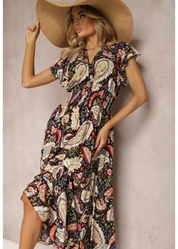 Czarna Letnia Sukienka z Bawełny z Wzorem Paisley i Elastyczną Gumką w Pasie Thetissa ze sklepu Renee odzież w kategorii Sukienki - zdjęcie 170834207
