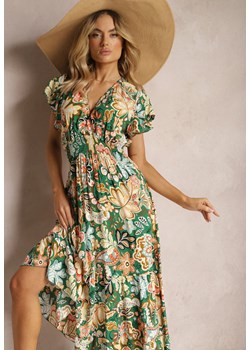 Zielona Bawełniana Sukienka z Kopertową Górą i Elastyczną Gumką w Talii Novaleena ze sklepu Renee odzież w kategorii Sukienki - zdjęcie 170834247