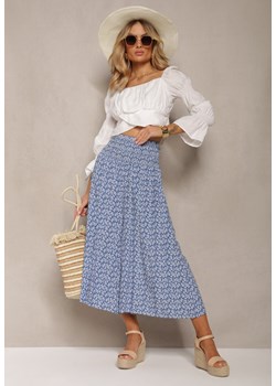 Niebieskie Bawełniane Spodnie Culottes z Szeroką Gumką w Pasie i Kwiatowym Printem  Pellagia ze sklepu Renee odzież w kategorii Spodnie damskie - zdjęcie 170834348