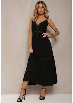 Czarna Długa Sukienka z Bawełny Rozkloszowana na Cienkich Ramiączkach Partiea ze sklepu Renee odzież w kategorii Sukienki - zdjęcie 170834427