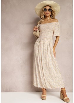 Biała Sukienka Hiszpanka z Elastycznym Dekoltem i Rozkloszowanym Dołem z Bawełny Coralinma ze sklepu Renee odzież w kategorii Sukienki - zdjęcie 170834437