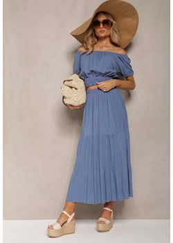 Niebieski Letni Komplet z Wiskozy z Rozkloszowaną Spódnicą i Bluzką z Hiszpańskim Dekoltem Rallissa ze sklepu Renee odzież w kategorii Komplety i garnitury damskie - zdjęcie 170834457