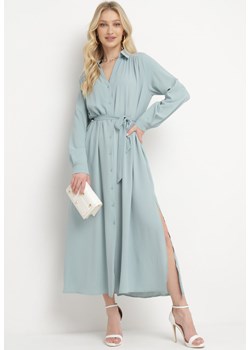 Niebieska Rozpinana Sukienka Koszulowa z Regulowanymi Rękawami Grimoire ze sklepu Born2be Odzież w kategorii Sukienki - zdjęcie 170836136
