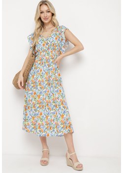 Jasnoniebieska Bawełniana Sukienka w Kwiatowy Wzór z Gumką w Pasie Varenlla ze sklepu Born2be Odzież w kategorii Sukienki - zdjęcie 170836475