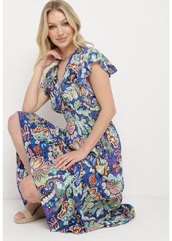 Granatowa Sukienka z Bawełny z Kolorowym Wzorem Gumką w Talii i Kopertowym Dekoltem Melliana ze sklepu Born2be Odzież w kategorii Sukienki - zdjęcie 170836535