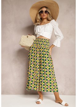 Żółto-Zielone Szerokie Spodnie Culottes z Bawełnianej Tkaniny w Mozaikowy Wzór Miratte ze sklepu Renee odzież w kategorii Spodnie damskie - zdjęcie 170859795