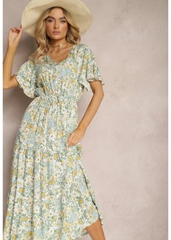 Jasnozielona Letnia Sukienka Rozkloszowana z Bawełnianej Tkaniny w Kwiaty Electria ze sklepu Renee odzież w kategorii Sukienki - zdjęcie 170859825