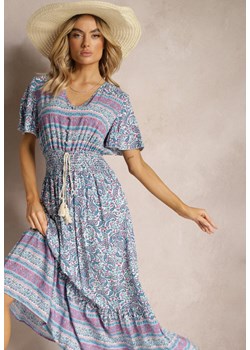 Niebieska Sukienka z Bawełny na Lato z Kolorowym Wzorem i Gumką w Pasie Gallatea ze sklepu Renee odzież w kategorii Sukienki - zdjęcie 170859865