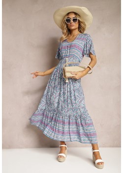 Niebieska Sukienka z Bawełny na Lato z Kolorowym Wzorem i Gumką w Pasie Gallatea ze sklepu Renee odzież w kategorii Sukienki - zdjęcie 170859866