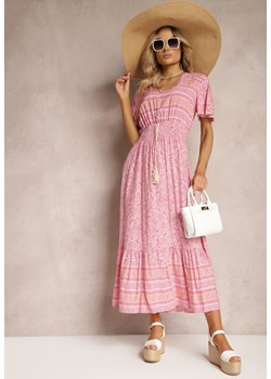 Różowa Sukienka z Bawełny na Lato z Kolorowym Wzorem i Gumką w Pasie Gallatea ze sklepu Renee odzież w kategorii Sukienki - zdjęcie 170859867