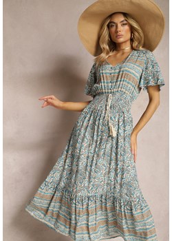 Beżowo-Niebieska Sukienka z Bawełny na Lato z Kolorowym Wzorem i Gumką w Pasie Gallatea ze sklepu Renee odzież w kategorii Sukienki - zdjęcie 170859875