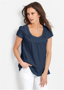 Shirt bawełniany z koronką i krótkim rękawem ze sklepu bonprix w kategorii Bluzki damskie - zdjęcie 170860719