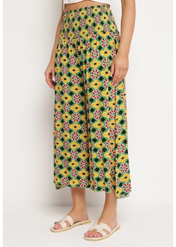 Żółto-Zielone Szerokie Spodnie Kuloty w Mozaikowy Wzór z Bawełny Nanatill ze sklepu Born2be Odzież w kategorii Spodnie damskie - zdjęcie 170865127