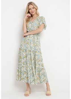 Jasnozielona Bawełniana Sukienka z Gumką w Talii i Wzorem w Kwiatki Rheani ze sklepu Born2be Odzież w kategorii Sukienki - zdjęcie 170865177