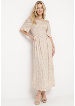 Biała Bawełniana Sukienka w Kwiatki z Hiszpańskim Elastycznym Dekoltem Bleriama ze sklepu Born2be Odzież w kategorii Sukienki - zdjęcie 170865227