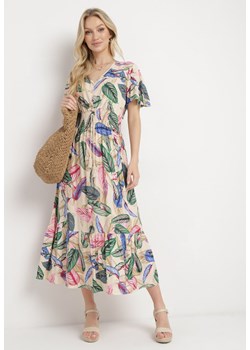 Jasnobeżowa Bawełniana Sukienka w Kolorowe Listki z Cienkimi Gumkami w Pasie Calipsso ze sklepu Born2be Odzież w kategorii Sukienki - zdjęcie 170865257