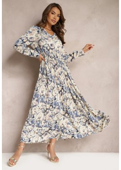 Niebiesko-Beżowa Casualowa Sukienka z Plisowanym Dołem Zapinana na Guziki Wykończona Gumką w Pasie Kaustia ze sklepu Renee odzież w kategorii Sukienki - zdjęcie 170869659