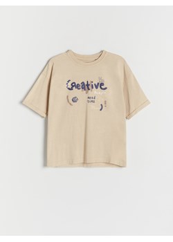 Reserved - T-shirt oversize z nadrukiem - beżowy ze sklepu Reserved w kategorii T-shirty chłopięce - zdjęcie 170875709