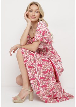 Fuksjowa Sukienka z Bawełny Wiązana przy Dekolcie z Gumką w Pasie Adhara ze sklepu Born2be Odzież w kategorii Sukienki - zdjęcie 170883136