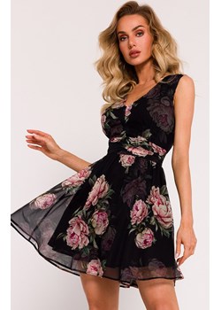 Sukienka mini szyfonowa z dekoltem M782/1, Kolor czarny-wzór, Rozmiar L, MOE ze sklepu Primodo w kategorii Sukienki - zdjęcie 170888199