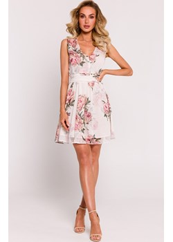 Sukienka mini szyfonowa z dekoltem M782/3, Kolor fioletowy-wzór, Rozmiar L, MOE ze sklepu Primodo w kategorii Sukienki - zdjęcie 170888205