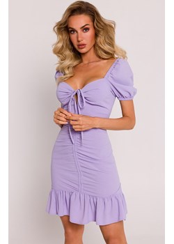 Sukienka mini z wiązaniem w dekolcie fiołkowa M784, Kolor fiołkowy, Rozmiar L, MOE ze sklepu Primodo w kategorii Sukienki - zdjęcie 170888229