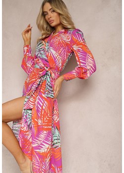 Fioletowo-Beżowa Sukienka z Kopertowym Wiązaniem i Materiałowym Paskiem Adnila ze sklepu Renee odzież w kategorii Sukienki - zdjęcie 170897618