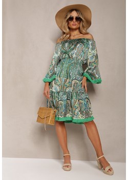 Zielona Rozkloszowana Sukienka w Print Paisley z Frędzelkami i Hiszpańskim Dekoltem Jotalle ze sklepu Renee odzież w kategorii Sukienki - zdjęcie 170897659