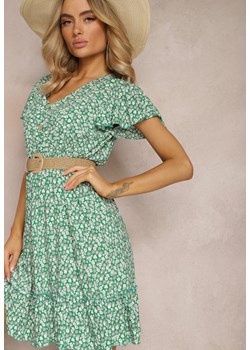 Zielona Sukienka z Bawełny w Kwiatki z Elastyczną Gumką w Pasie i Krótkimi Rękawami Nahone ze sklepu Renee odzież w kategorii Sukienki - zdjęcie 170908847