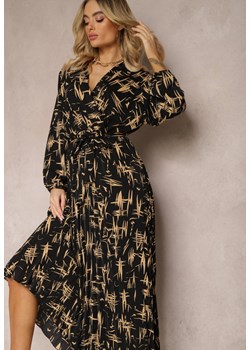 Czarno-Żółta Kopertowa Sukienka Maxi z Plisowanym Dołem i Gumką w Talii Amillica ze sklepu Renee odzież w kategorii Sukienki - zdjęcie 170923947