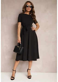 Czarna Sukienka Midi z Rozkloszowanym Dołem i Wiązaniem w Pasie Nancis ze sklepu Renee odzież w kategorii Sukienki - zdjęcie 170924008