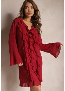 Bordowa Sukienka z Rozkloszowanymi Rękawami Wiązaniem Przy Dekolcie i Falbankami Honoris ze sklepu Renee odzież w kategorii Sukienki - zdjęcie 170924037